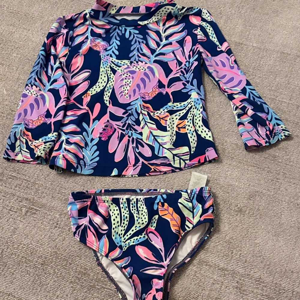 Kids Long-Sleeve Rash Guard Two-Piece Swimsuit - Navy Floral